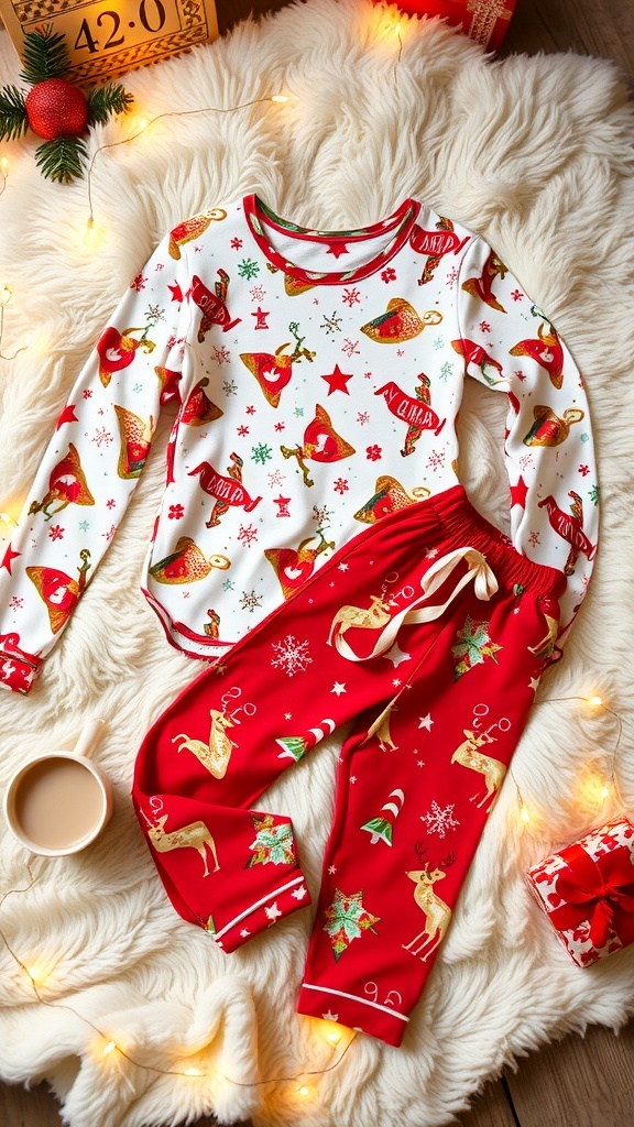 A festive Christmas pajama set with holiday patterns on a cozy blanket with hot cocoa and lights.